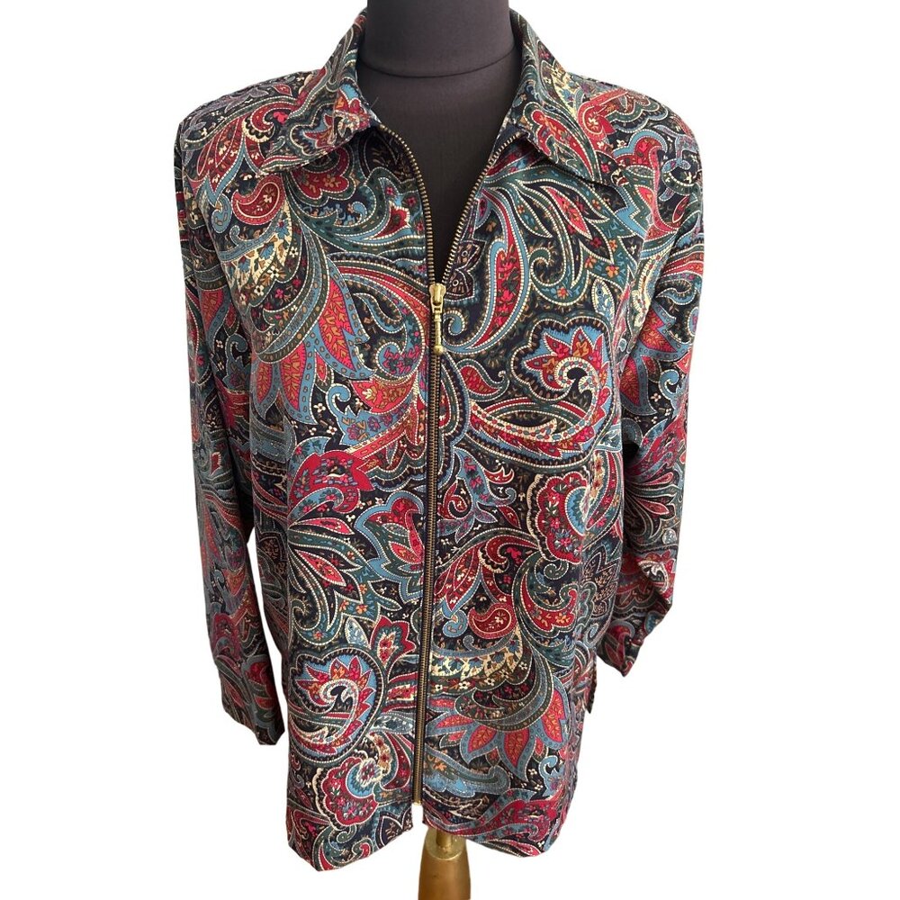 BonWorth Vintage Paisley Zip-Up Jacket Long Sleeves Multicolor Shoulder Pads, L